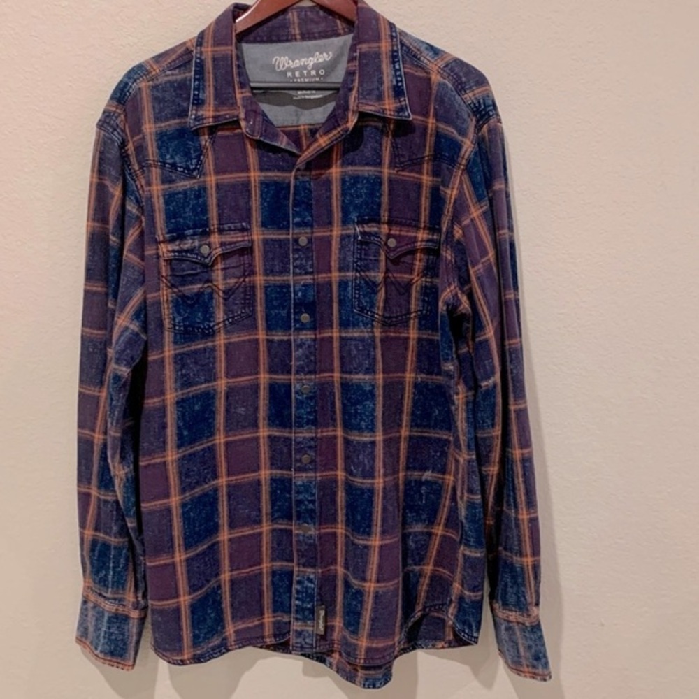 Wrangler Retro Men's‎ Plaid Shirt – Blue & Orange Distressed Wash – XXL Western